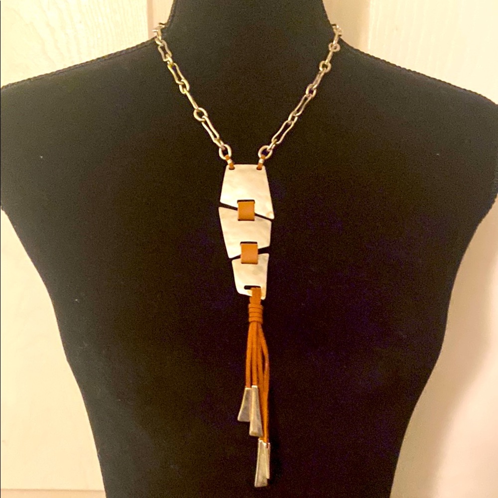 ALM Soho Silver-tone Chunky Chain Necklace w/Metal and Leather Tassels